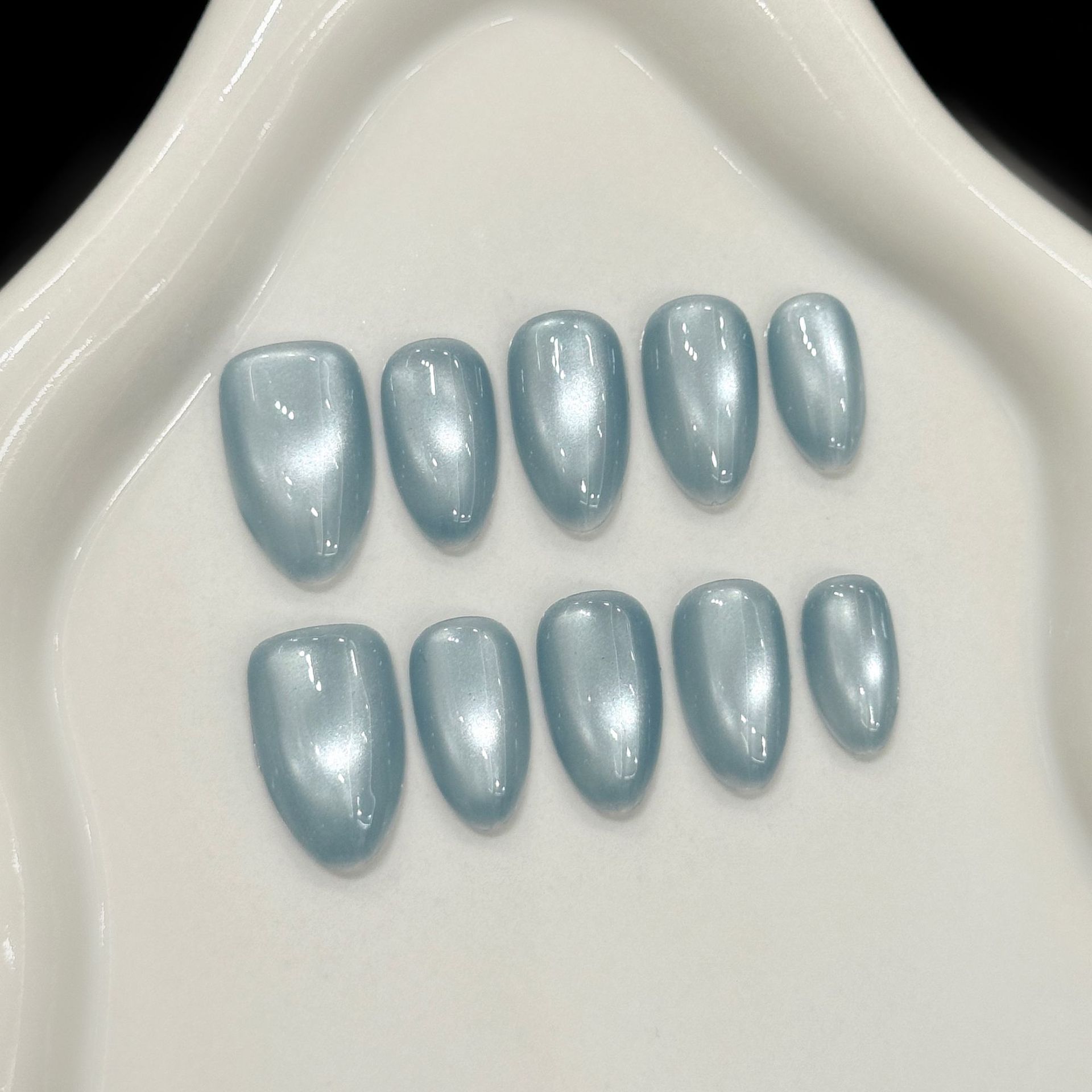 Nail Art Simple - 10Pcs Kuku Palsu Biru Cat Eye