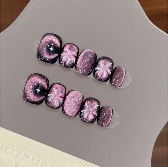 Nail Art Simple - 10Pcs Kuku Palsu Pendek Bulat Ungu
